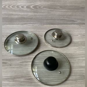 3 Replacement Glass with Stainless Steel Rim Lids. See photos for measurements.